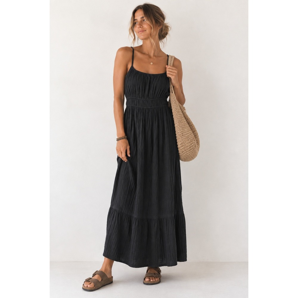 Pact Maxi Dress Womens XS Black Boho Organic Cotton Gauze Smocked Tiered Pockets